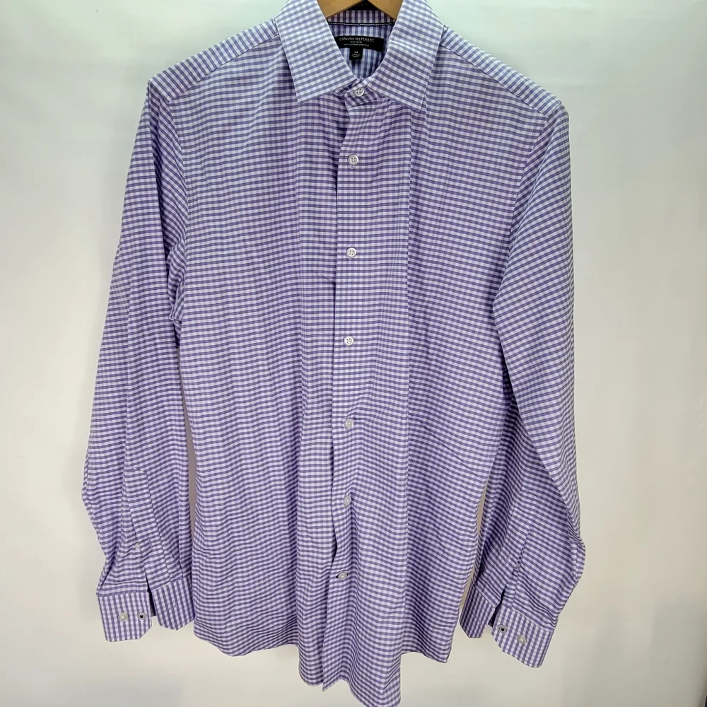 Banana Republic Non-Iron 100% Cotton Stretch Camden Fit Purple Gingham Size Med